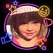 Aurora joined the competition — help win amazing prizes! bangs, blonde_hair, cheeks, child, circular_crop, close_up, colorful, emoji, eyes, face, girl, hat, heart, neon_frame, playful, portrait, smile, stars, sunhat, thumbs_up