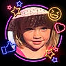 Aurora joined the competition — help win amazing prizes! bangs, blonde_hair, cheeks, child, circular_crop, close_up, colorful, emoji, eyes, face, girl, hat, heart, neon_frame, playful, portrait, smile, stars, sunhat, thumbs_up