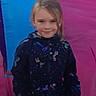 child, smiling, portrait, standing, outdoor, colorful_background, blue, pink, jacket, raincoat, wristband, blonde_hair, long_hair, face, eyes, nose, mouth, fashion, playful, photography