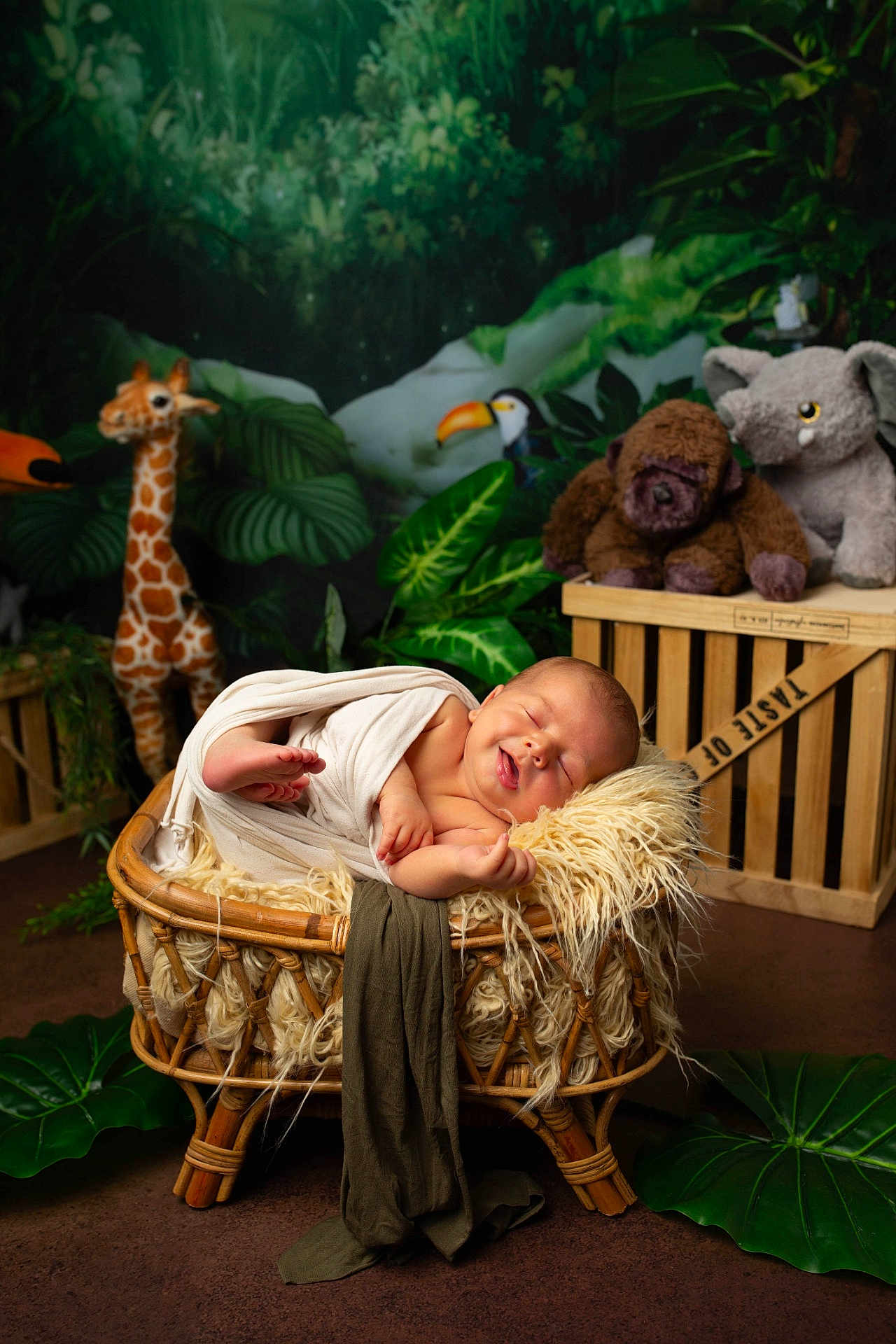 Tymaël participe au concours pour gagner de l'argent avec cette photo : baby, infant, sleeping, smiling, wicker_basket, blanket, plush_toys, giraffe, elephant, monkey, jungle_theme, green_leaves, wooden_crate, cozy, cute, newborn, nursery, soft_lighting, indoor, portrait