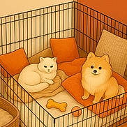 Geekette a rejoint le concours — aidez-le/la à gagner de superbes lots ! cat, dog, pet_pen, blanket, cushion, toy, bone_toy, ball_toy, pomeranian, white_cat, indoor, cozy, furniture, basket, orange, warm_colors, illustration_style, animal, resting, cute