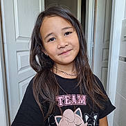 Rose a rejoint le concours — aidez-le/la à gagner de superbes lots ! child, girl, smile, long_hair, black_tshirt, cartoon_characters, indoor, door, necklace, earrings, person, portrait, casual_clothing, cute, young, standing, happy, light, face, hair