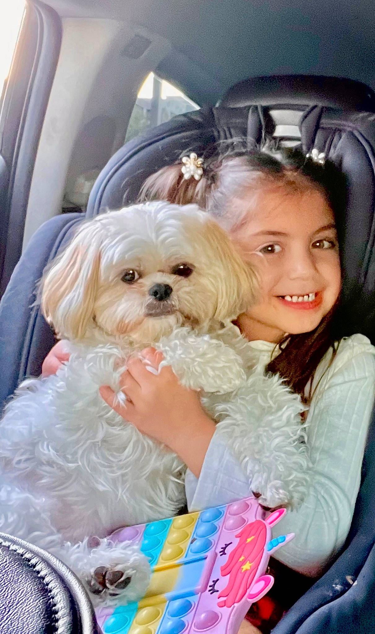 Kayleen is registered to the contest to win money with this photo: blond, car_seat, car_seat_cover, carnivore, child, companion_dog, dog, dog_breed, family_car, flash_photography, fur, happy, joy, luxury_vehicle, person, puppy_love, sitting, skin, small_terrier, smile