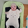 baby, infant, changing_mat, green, white_outfit, mittens, hat, blanket, wooden_surface, cute, calm, indoor, child, face, person, clothing, sleeping_animal_design, footwear, lying_down, soft_texture