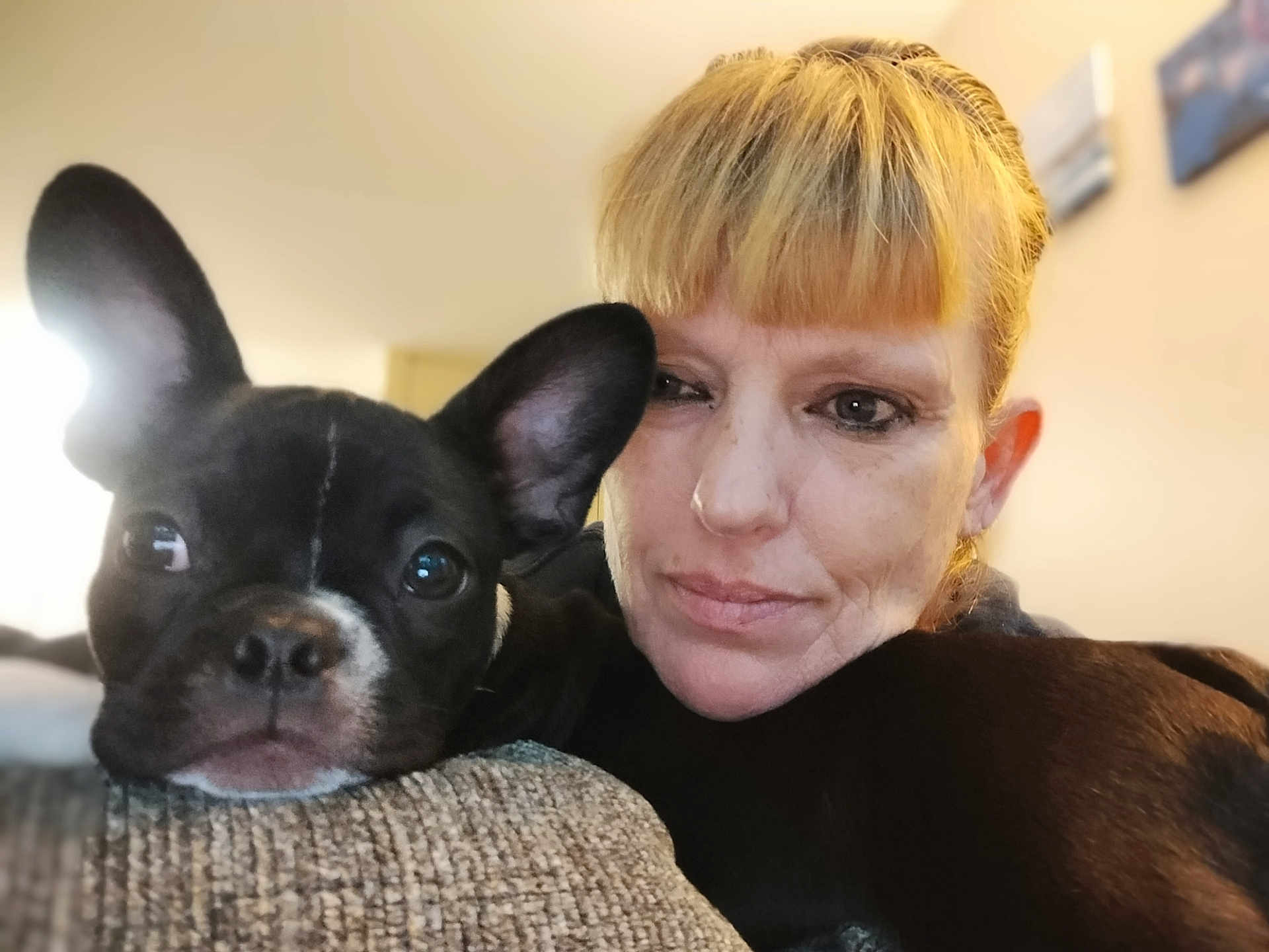 Luna Wells is registered to the contest to win money with this photo: woman, dog, french_bulldog, puppy, indoor, close_up, portrait, couch, pet, companion, relaxing, face, ear, furniture, human, animal, black_and_white, nose, snout, expression