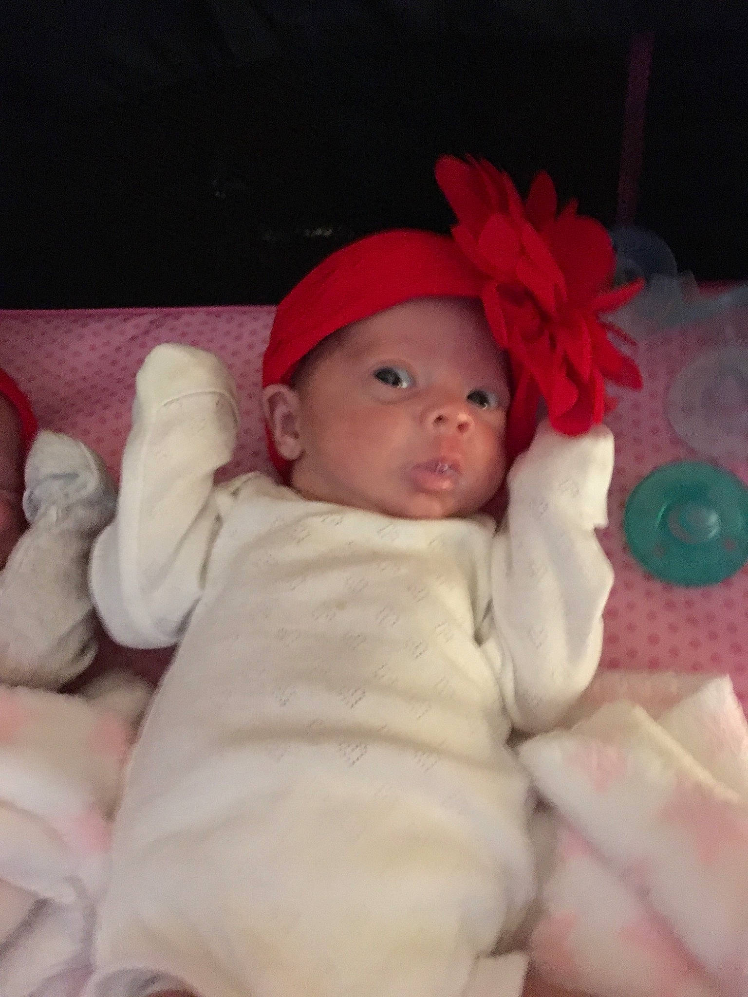 Amanda is registered to the contest to win money with this photo: baby, cheek, child, headgear, person, pink, skin, toddler