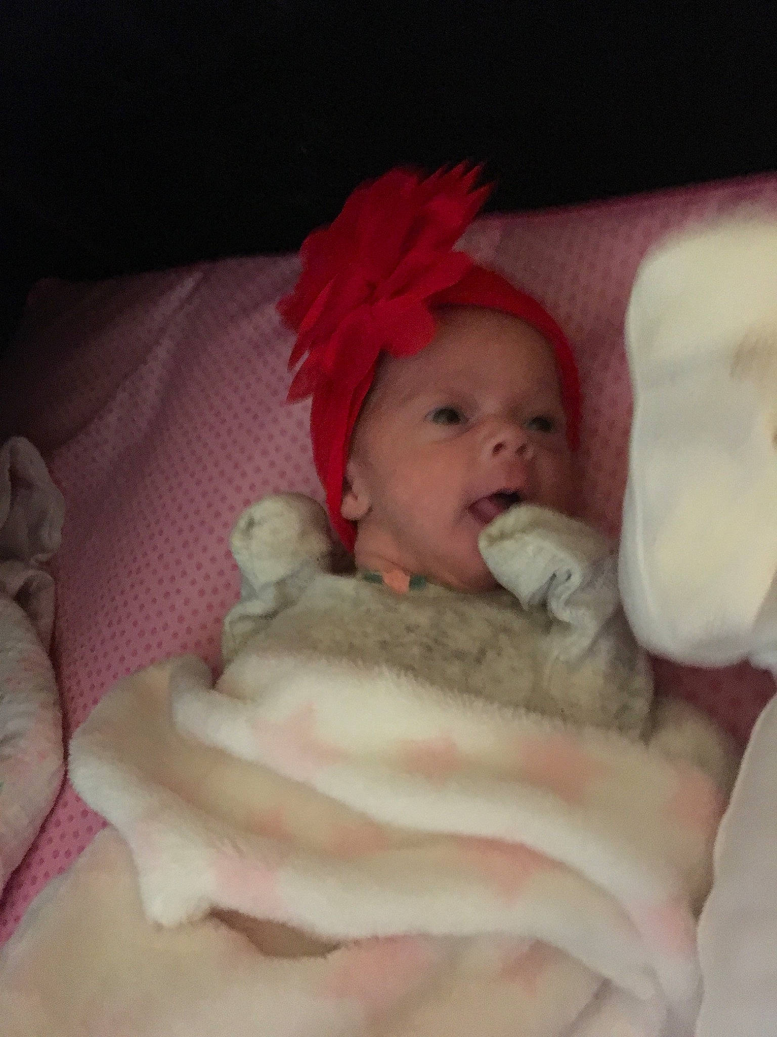 Cheyenne is registered to the contest to win money with this photo: baby, bedtime, cheek, child, fur, mouth, nose, person, skin, smile, toddler