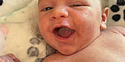 Trustyn is registered to the contest to win money with this photo: arm, baby, blanket, cheerful, child, closeup, cute, expression, face, happy, indoors, infant, lying_down, newborn, paw_print, person, portrait, skin, smiling, soft_texture