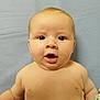 baby, infant, face, eyes, mouth, skin, chubby, expression, curious, portrait, child, young, cute, bare_shoulders, human, head, indoors, closeup, person, background