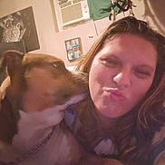 Brosko is registered to the contest to win money with this photo: affection, air_conditioner, brown_dog, casual_clothing, chain_collar, closeup, cute, dog, face, friendship, home, indoor, kiss, love, pet, portrait, relaxation, selfie, wall_art, woman