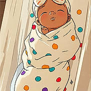 Giorgina joined the competition — help win amazing prizes! cartoon, baby, blanket, bow, polka_dots, crib, sleeping, illustration, child, cute, wrapped, headwear, peaceful, infant, wood, pattern, colorful, soft, resting, nursery