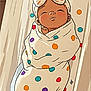 cartoon, baby, blanket, bow, polka_dots, crib, sleeping, illustration, child, cute, wrapped, headwear, peaceful, infant, wood, pattern, colorful, soft, resting, nursery