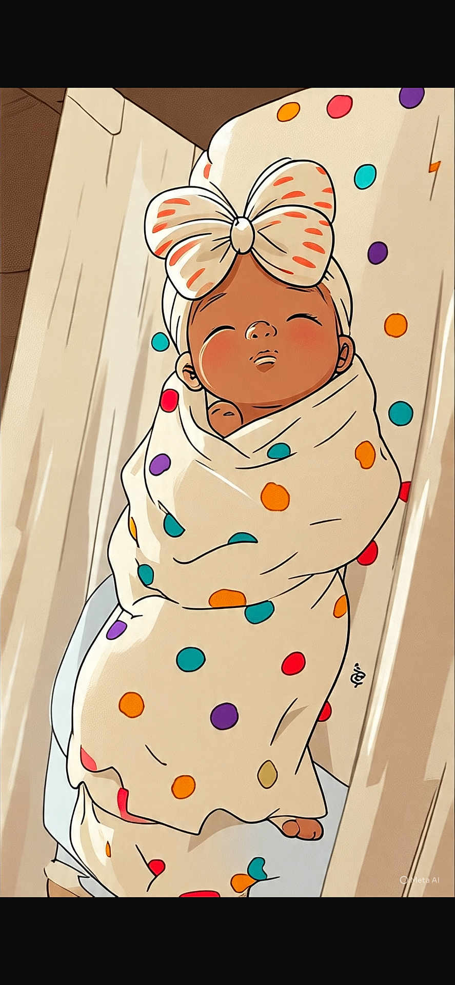 Giorgina joined the competition — help win amazing prizes! cartoon, baby, blanket, bow, polka_dots, crib, sleeping, illustration, child, cute, wrapped, headwear, peaceful, infant, wood, pattern, colorful, soft, resting, nursery