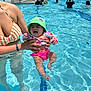 adult, baby, blue, child, crying, family, fun, hat, holding, outdoor, people, pool, recreation, summer, sunlight, swimming_pool, swimwear, vacation, water, water_reflection