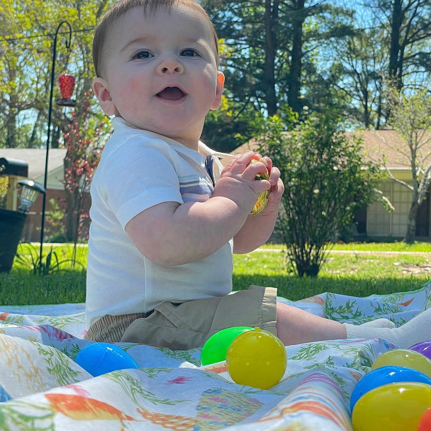 Sawyer joined the competition — help win amazing prizes! baby, backyard, balloon, clothing, face, grass, head, nature, outdoors, park, person, photography, plant, portrait, sphere, summer, t_shirt, tree, vegetation, yard