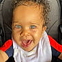 Hunter joined the competition — help win amazing prizes! toddler, child, curly_hair, green_eyes, smiling, bib, red_clothing, navy_clothing, stroller, happy, face, portrait, baby, sitting, indoors, cute, expression, person, head, young_child