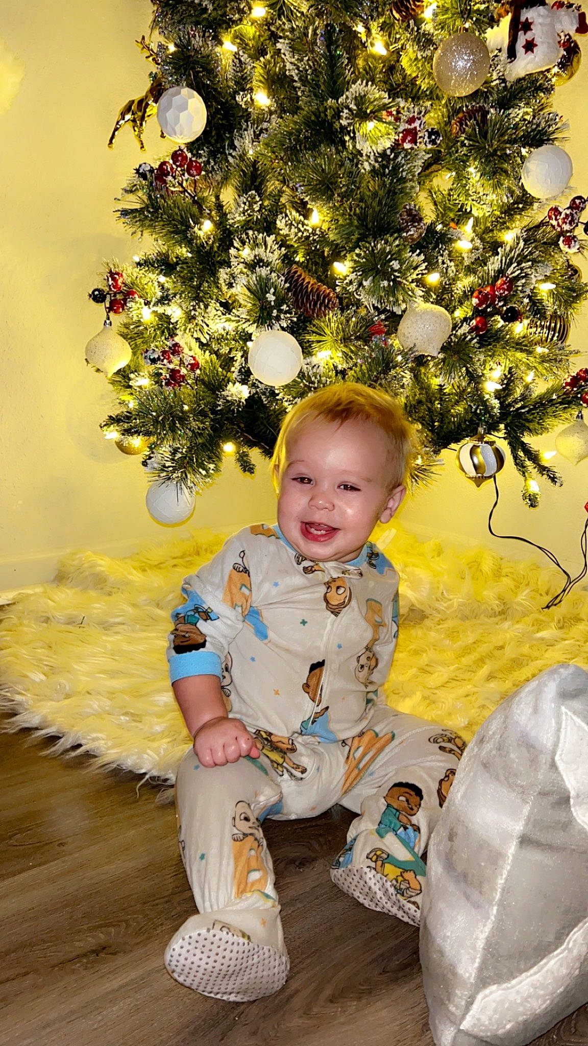 Kai is registered to the contest to win money with this photo: baby, baby_toddler_clothing, child, christmas_decoration, christmas_ornament, christmas_tree, event, facial_expression, floral_design, flower_arranging, happy, holiday, holiday_ornament, joy, ornament, people, people_in_nature, person, sitting, smile