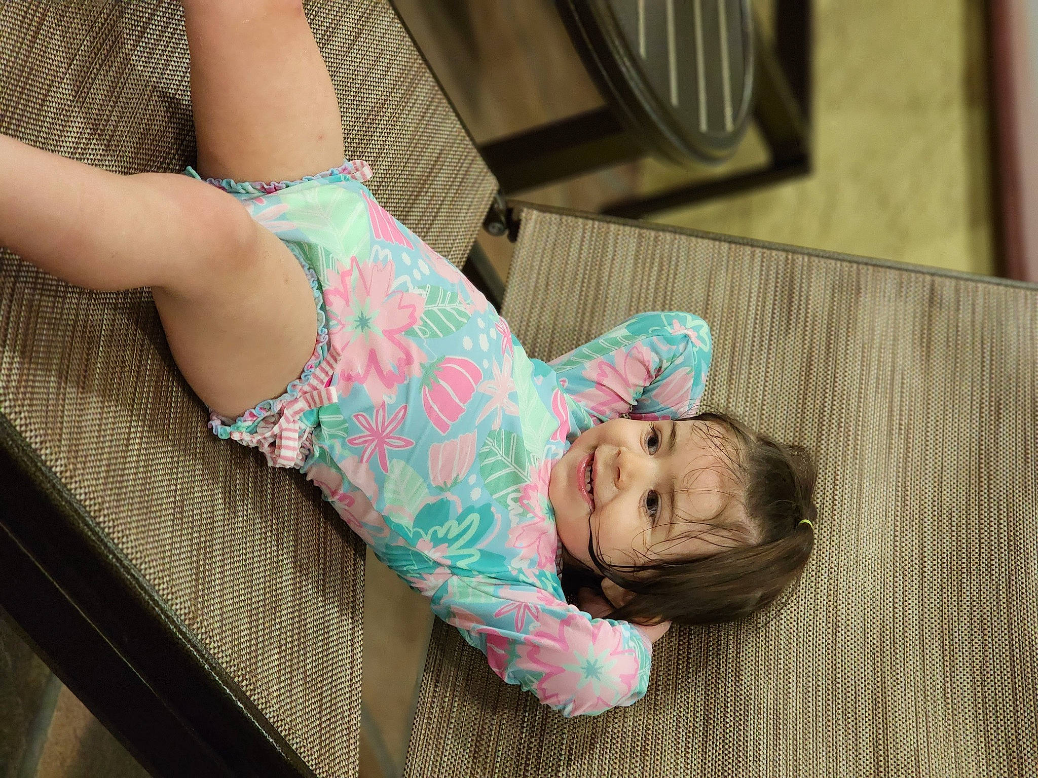 Adelyn joined the competition — help win amazing prizes! comfort, dress, elbow, flooring, foot, human_body, human_leg, joint, joy, knee, magenta, neck, pattern, person, skin, sleeve, textile, thigh, toddler, waist