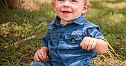 Emmett is registered to the contest to win money with this photo: toddler, child, grass, outdoor, blue_shirt, jeans, barefoot, smile, happy, nature, sunlight, portrait, baby, sitting, greenery, casual_clothing, cute, young_child, daylight, relaxed