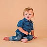 Emmett is registered to the contest to win money with this photo: toddler, child, blue_shirt, ripped_jeans, barefoot, sitting, studio, peach_background, curious_expression, blonde_hair, blue_eyes, casual_clothing, portrait, indoor, fashion, young_child, cute, small_person, isolated, studio_lighting
