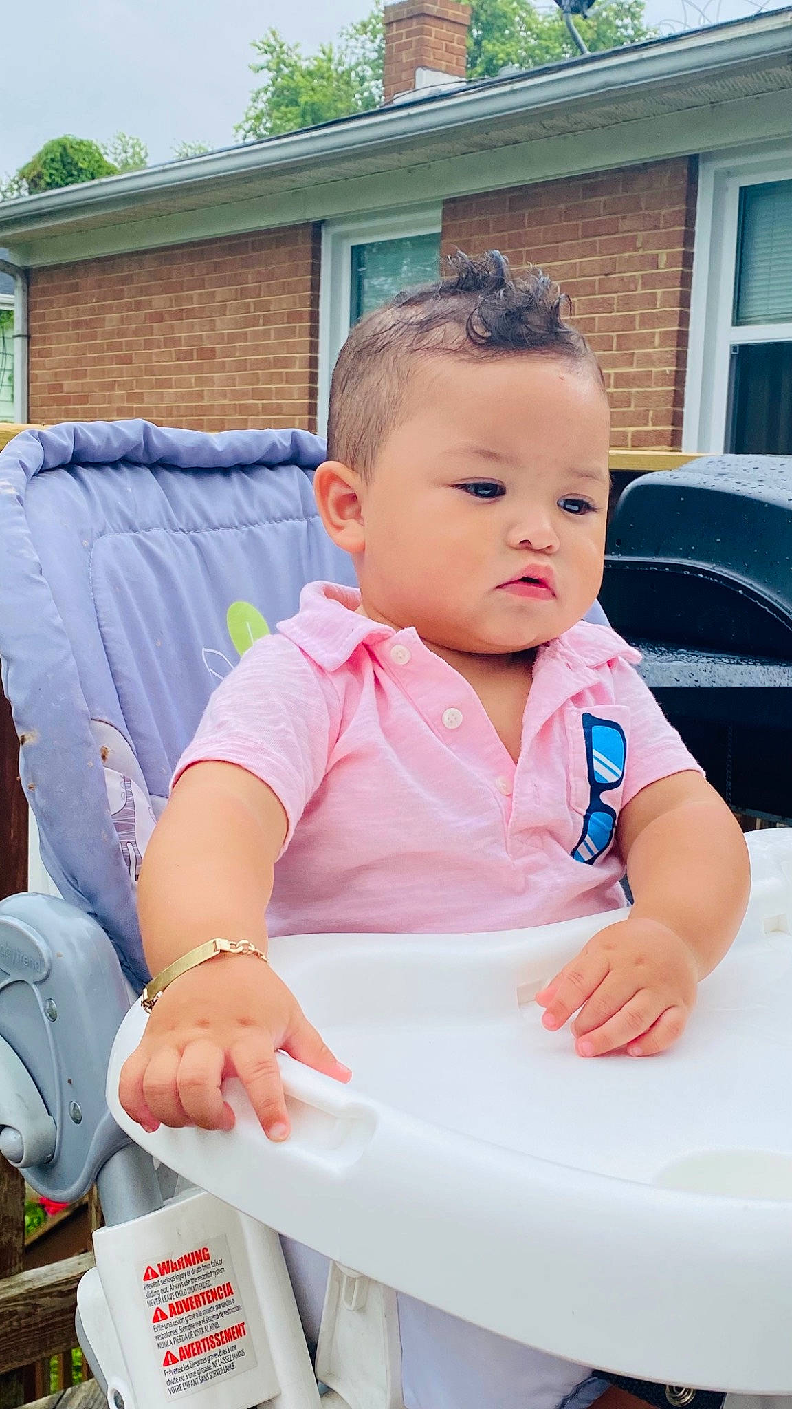 Joseph joined the competition — help win amazing prizes! baby, baby_toddler_clothing, bib, blue, chair, cheek, child, face, facial_expression, fun, grass, happy, head, leisure, person, recreation, sitting, skin, sleeve, toddler