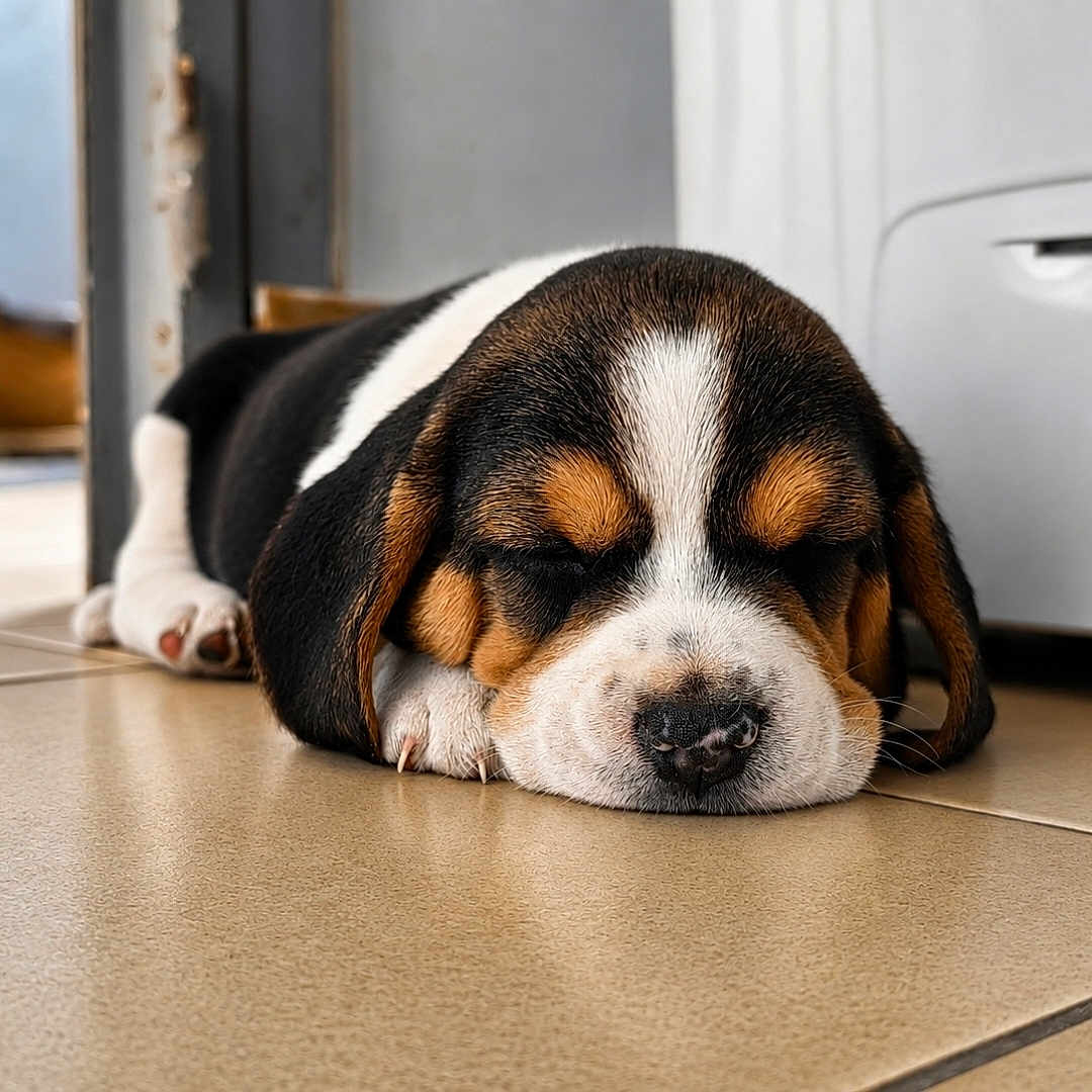 Buddy a rejoint le concours — aidez-le/la à gagner de superbes lots ! puppy, dog, sleeping, tile_floor, indoors, closeup, cute, pet, animal, resting, small, young, beagle, nose, ears, paws, home, cozy, peaceful, adorable