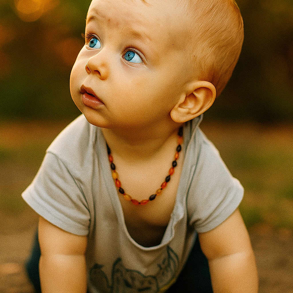 Lino participe au concours pour gagner de l'argent avec cette photo : baby, beads, blue_eyes, bokeh, child, crawling, curious, cute, expression, face, golden_hour, hands, infant, nature, necklace, outdoor, portrait, short_hair, skin, tshirt