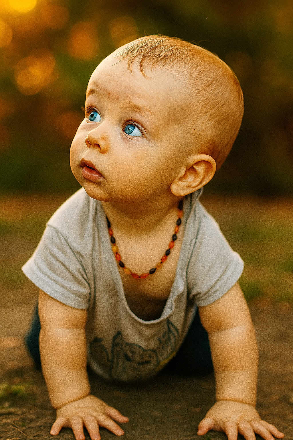 Lino participe au concours pour gagner de l'argent avec cette photo : baby, child, crawling, blue_eyes, necklace, beads, outdoor, golden_hour, bokeh, curious, face, hands, skin, short_hair, tshirt, nature, portrait, infant, cute, expression