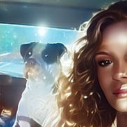Duchess Marie joined the competition — help win amazing prizes! woman, dog, car, curly_hair, portrait, indoor, pet, light_glare, seat, window, sunlight, casual_clothing, companion, cute, face, hair, animal, human, travel, cozy