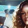 animal, car, casual_clothing, companion, cozy, curly_hair, cute, dog, face, hair, human, indoor, light_glare, pet, portrait, seat, sunlight, travel, window, woman