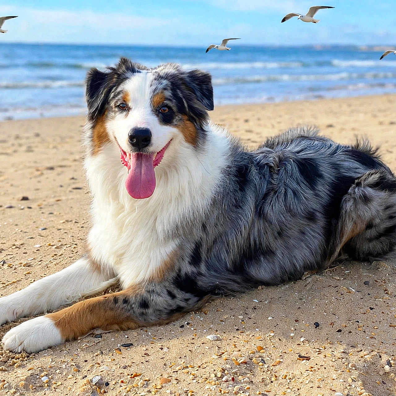 Iceland Wild Ice participe au concours pour gagner de l'argent avec cette photo : animal, australian_shepherd, beach, canine, coast, dog, fur, happy, nature, ocean, outdoor, pet, relaxed, sand, seagulls, sky, summer, tongue_out, water, waves