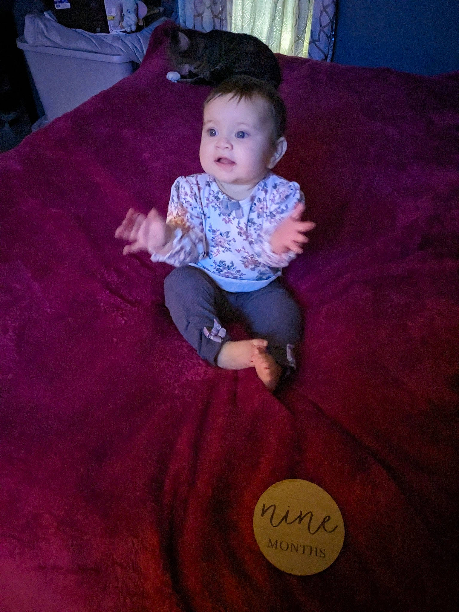 Amber Rayne is registered to the contest to win money with this photo: baby, baby_toddler_clothing, child, comfort, couch, finger, floor, flooring, hand, hardwood, lap, magenta, person, pink, purple, skin, sleeve, sock, textile, toddler