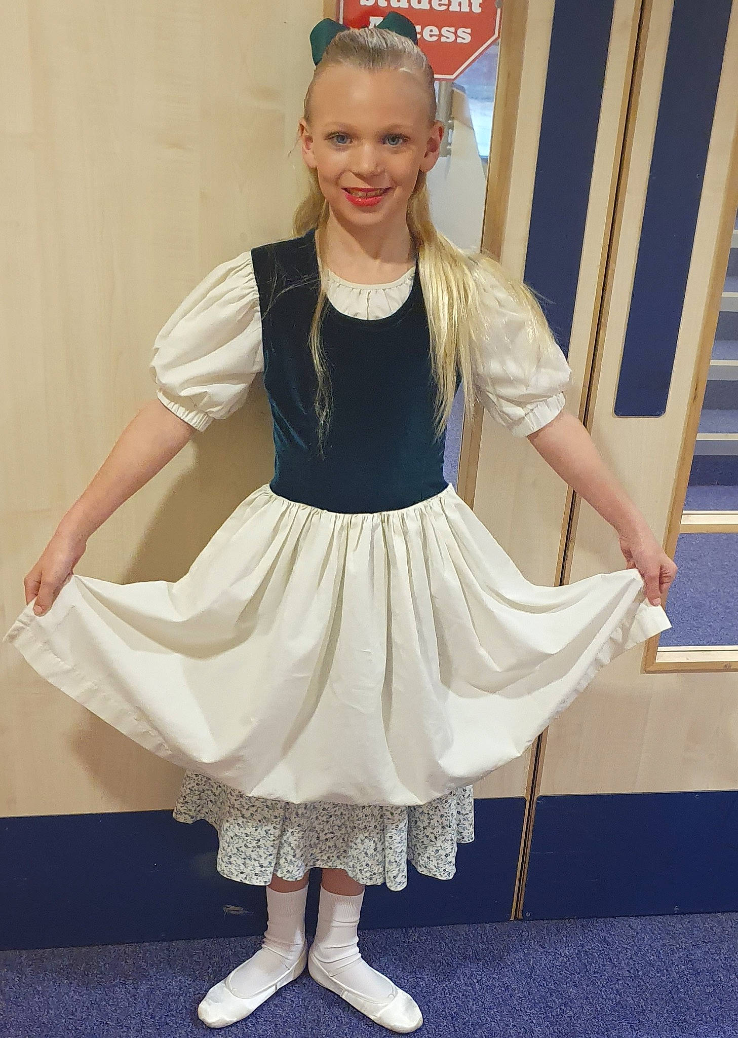 Eryn is registered to the contest to win money with this photo: child, clothing, costume, dance, dress, fashion, fashion_accessory, footwear, fun, hair_accessory, headpiece, joy, performance, person, shoe, toddler, white