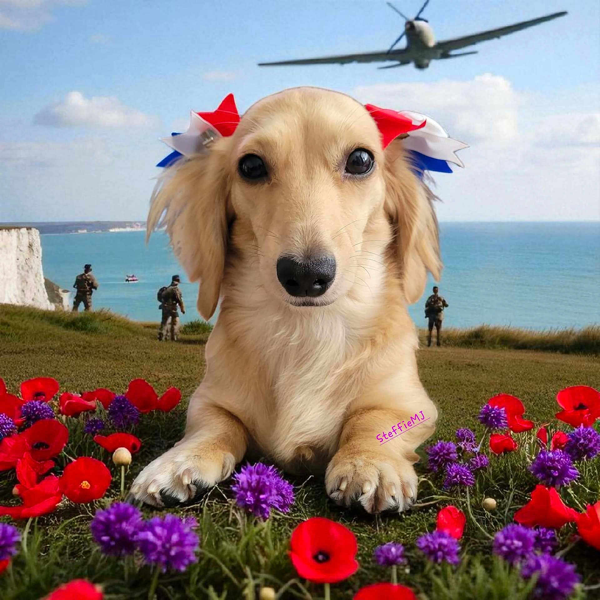 Anya joined the competition — help win amazing prizes! dog, flower, poppy, purple_flower, grass, ocean, cliff, soldier, military, plane, sky, cloud, bow, pet, animal, nature, field, outdoor, portrait, landscape