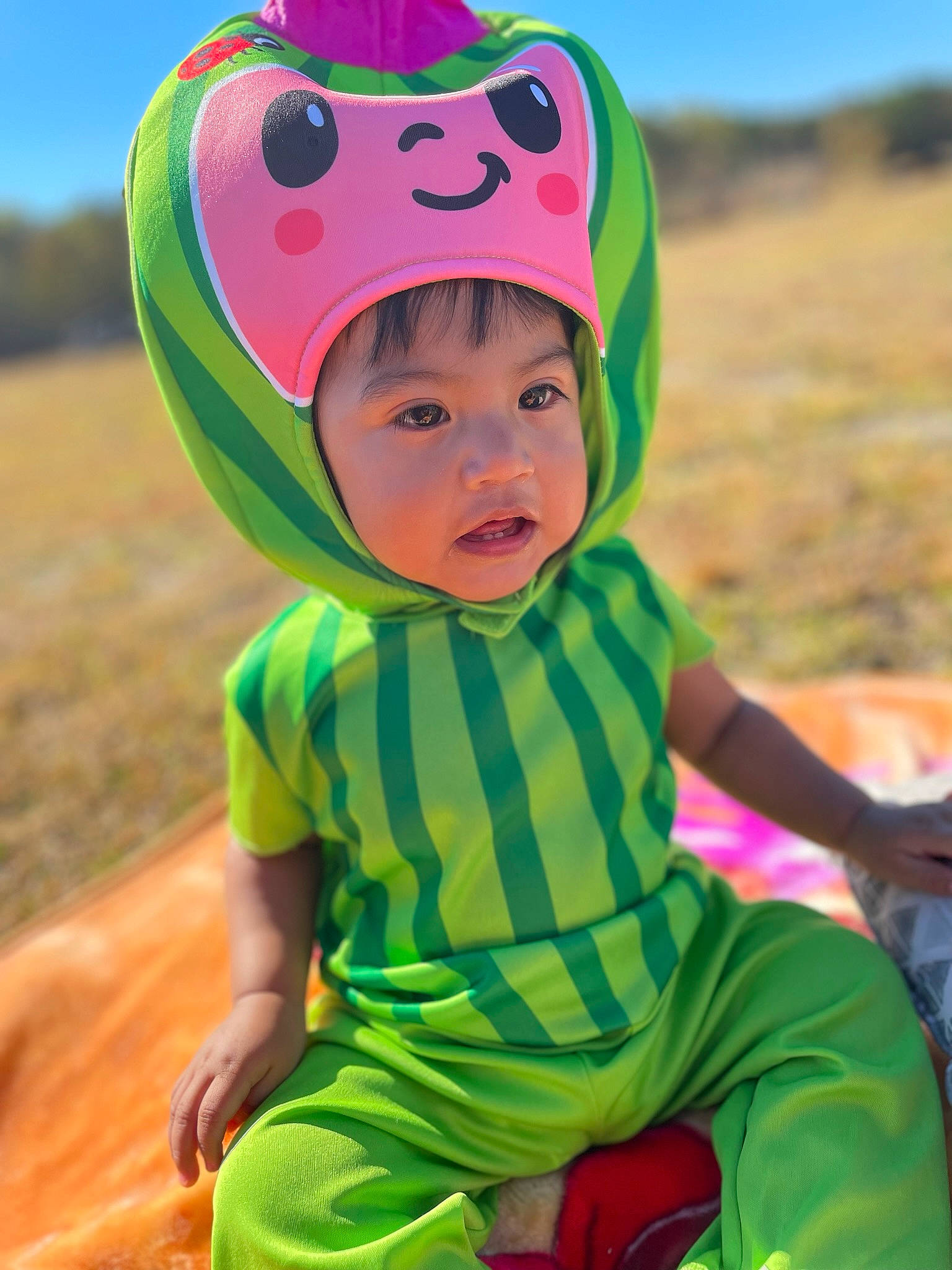 Saraí is registered to the contest to win money with this photo: baby, baby_toddler_clothing, cap, child, fashion_accessory, fun, grass, green, happy, headwear, helmet, landscape, leisure, people_in_nature, person, personal_protective_equipment, plant, recreation, sitting, sky