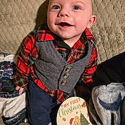 Dean joined the competition — help win amazing prizes! baby, blanket, celebration, child, christmas, clothing, cozy, cute, festive, happy, holiday, indoors, infant, plaid_shirt, portrait, seasonal, sign, sitting, smiling, vest