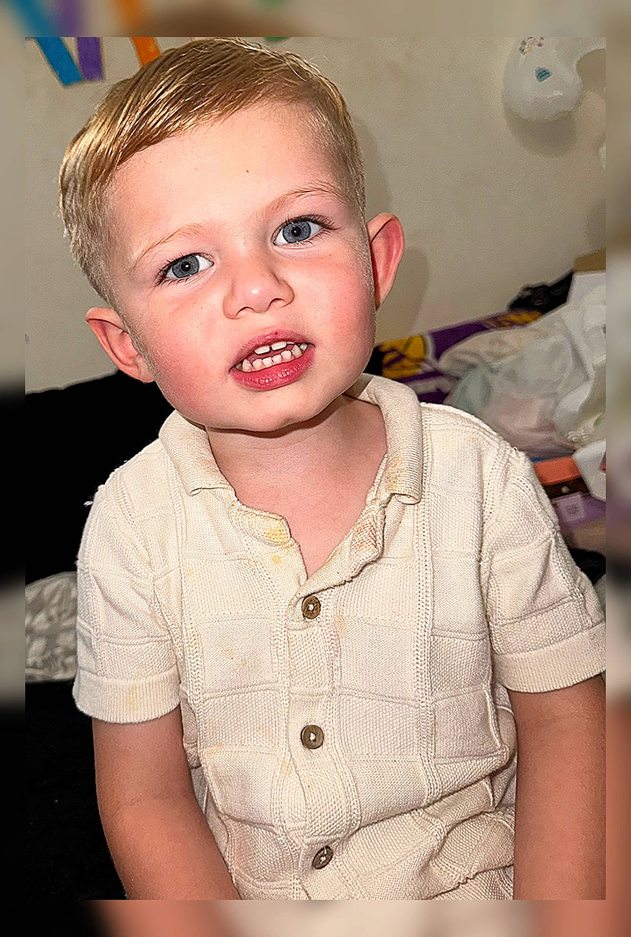 Lorenzo George joined the competition — help win amazing prizes! baby, blonde, bodypart, clothing, face, finger, hair, hand, happy, head, homedecor, mouth, person, photography, portrait, shirt, sleeve, smile, t_shirt, teeth