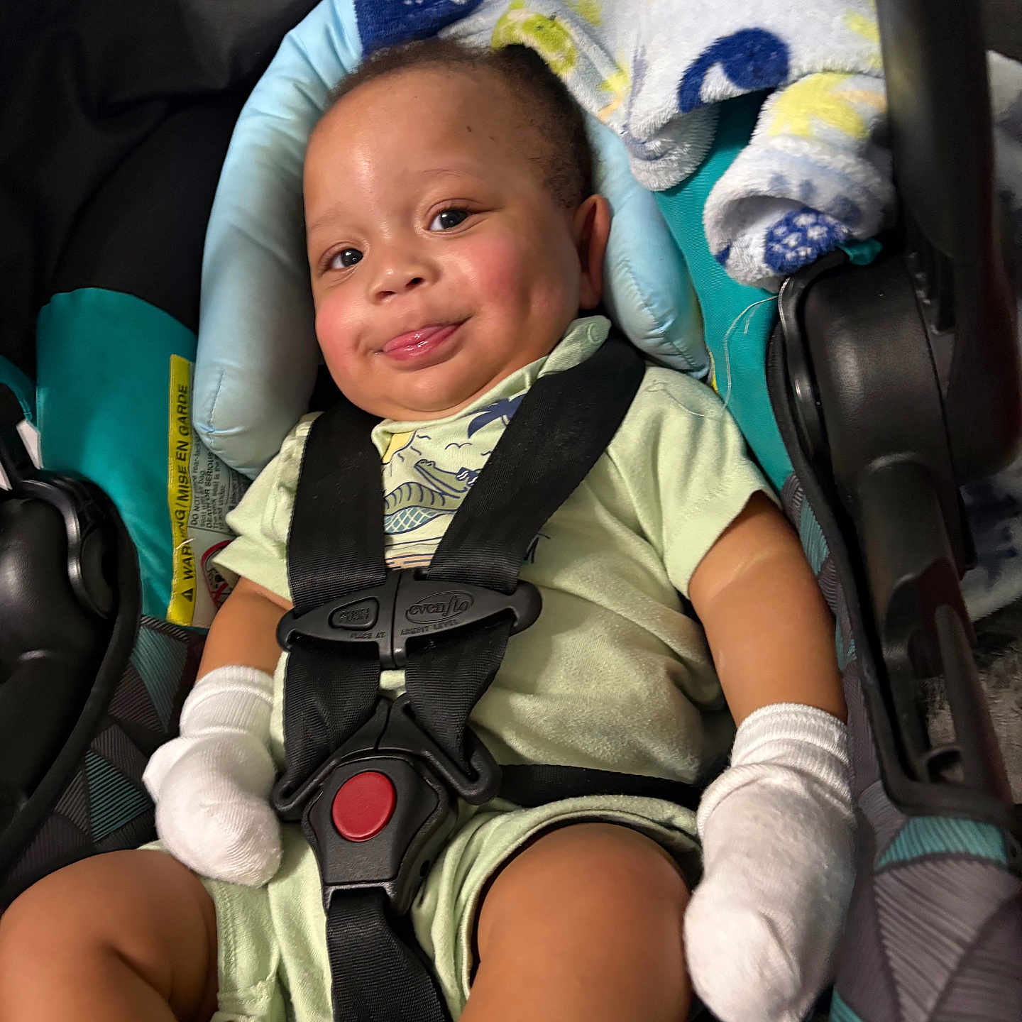 Ghalil is registered to the contest to win money with this photo: animal_print, baby, baby_toys, blanket, car_seat, child, clothing, comfort, cute, indoors, infant, mittens, person, portrait, rosy_cheeks, safety, seat, smile, straps, young_child