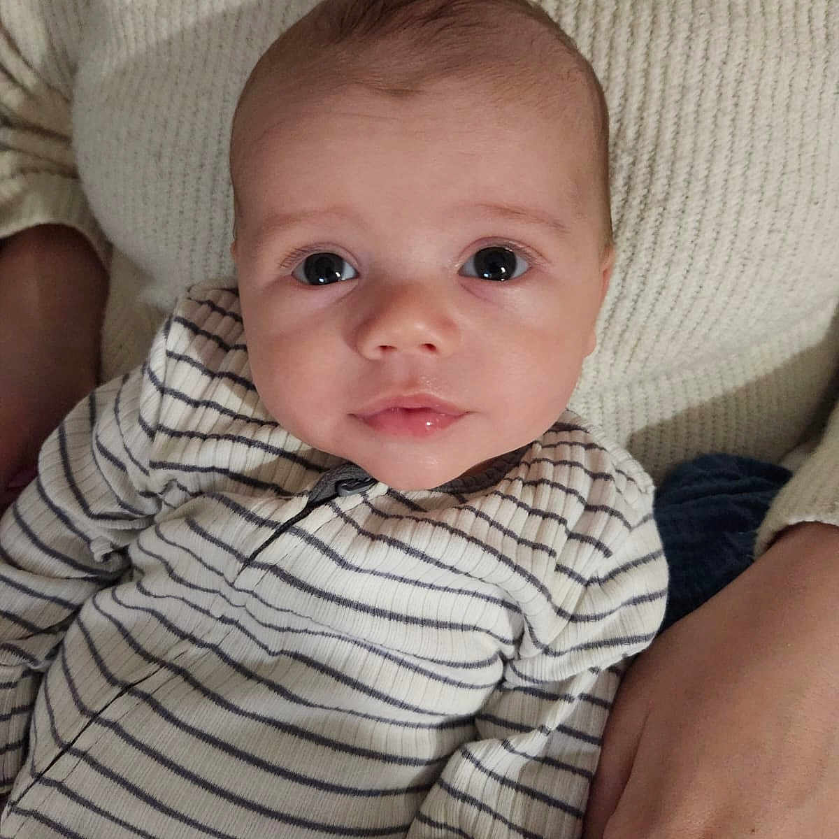 Cooper joined the competition — help win amazing prizes! baby, child, closeup, cute, expression, eyes, face, hand, holding, indoor, infant, knitwear, newborn, person, portrait, resting, skin, striped_clothing, sweater, young