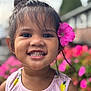 child, girl, smile, flower, pink_flower, outdoor, garden, portrait, happy, face, hair, tank_top, nature, blossom, young_child, closeup, cute, colorful, summer, background_blur
