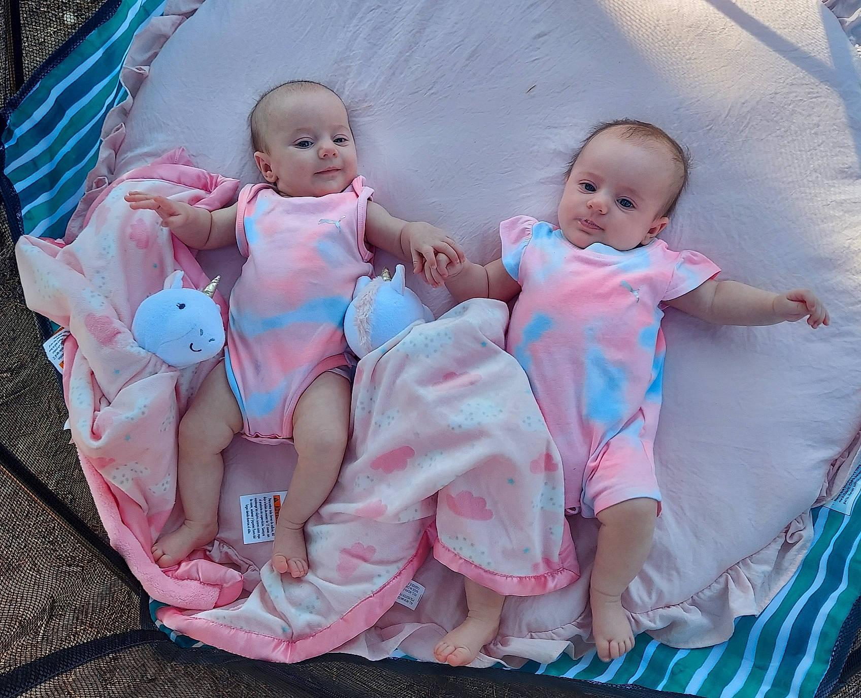 Catherine And Demitria joined the competition — help win amazing prizes! aqua, baby, baby_products, baby_toddler_clothing, barefoot, cheek, child, comfort, doll, foot, fun, happy, iris, linens, mouth, person, pink, product, skin, textile