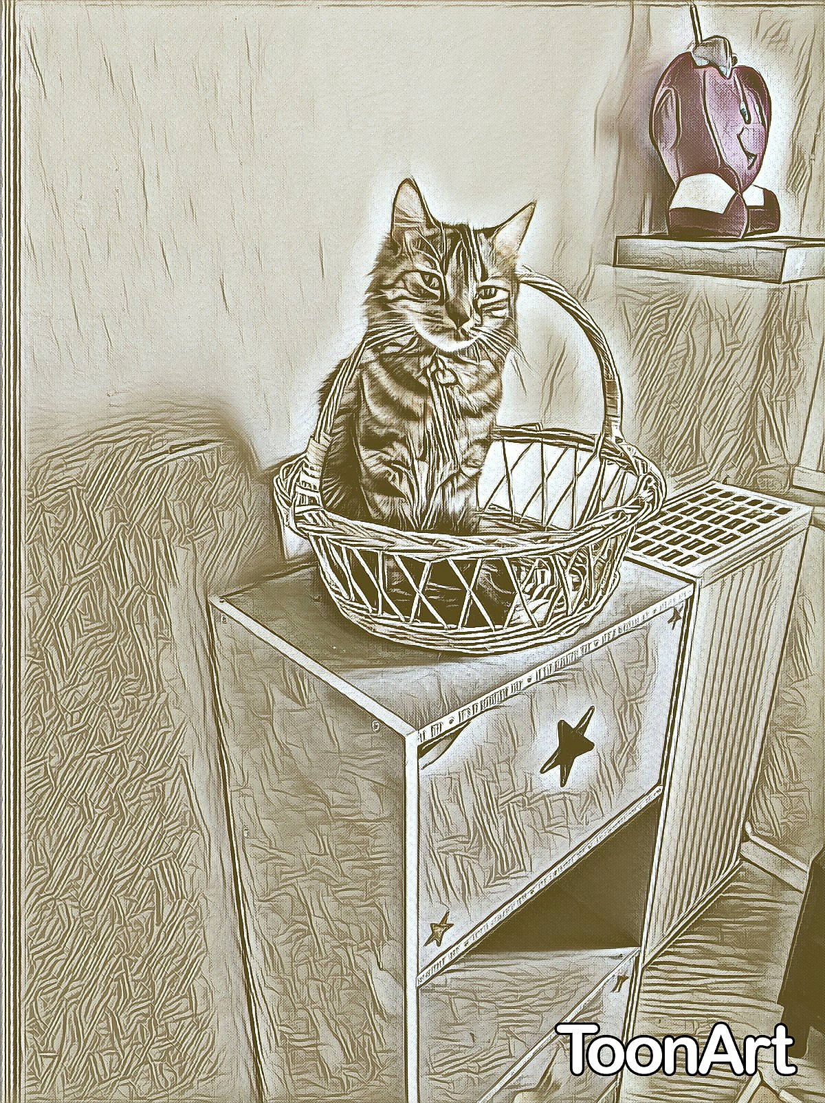 Chyppie a rejoint le concours — aidez-le/la à gagner de superbes lots ! bag, basket, carnivore, cat, comfort, domestic_short_haired_cat, felidae, grey, linens, outdoor_furniture, pattern, rectangle, room, serveware, small_to_medium_sized_cats, storage_basket, textile, whiskers, wicker, wood