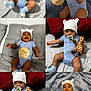 Kasai joined the competition — help win amazing prizes! baby, infant, two_months, blue_onesie, white_hat, bear_ears_hat, plush_giraffe, pacifier, milestone_marker, bed, blanket, pillow, smiling, lying_down, cute, child, newborn, soft_toys, happy, portrait