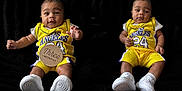 Kasai joined the competition — help win amazing prizes! baby, infant, child, yellow_clothing, basketball_jersey, los_angeles, sneakers, white_shoes, black_background, wooden_sign, three_months, cute, portrait, sitting, smiling, expression, playful, collage, multiple_images, photography