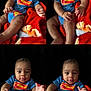 Kasai joined the competition — help win amazing prizes! baby, superman, onesie, blanket, red, orange, black_background, collage, cute, infant, child, smiling, posing, adorable, portrait, hands, legs, sitting, expression, person