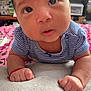 Evangeline joined the competition — help win amazing prizes! baby, infant, child, face, eyes, hands, clothing, striped, bracelet, indoor, bed, blanket, soft, curious, closeup, portrait, furniture, toys, shelf, colorful