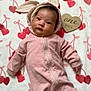 Evangeline joined the competition — help win amazing prizes! baby, infant, onesie, pink, bunny_ears, blanket, cherry_pattern, wooden_heart, one_month, cute, soft_texture, lying_down, newborn, child, portrait, socks, cozy, indoor, adorable, face
