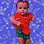 Jaylynn joined the competition — help win amazing prizes! toddler, child, baby, red_shirt, green_shorts, watermelon_pattern, butterfly_background, sparkles, curly_hair, pink_bow, portrait, cute, holding_hands, standing, indoor, colorful, patterned_clothing, fashion, young_child, playful
