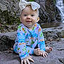 Willow is registered to the contest to win money with this photo: baby, background, blue_eyes, bow, bright, child, colorful_clothing, cute, feet, hands, headband, infant, nature, outdoor, pajamas, playful, rock, sitting, smiling, waterfall