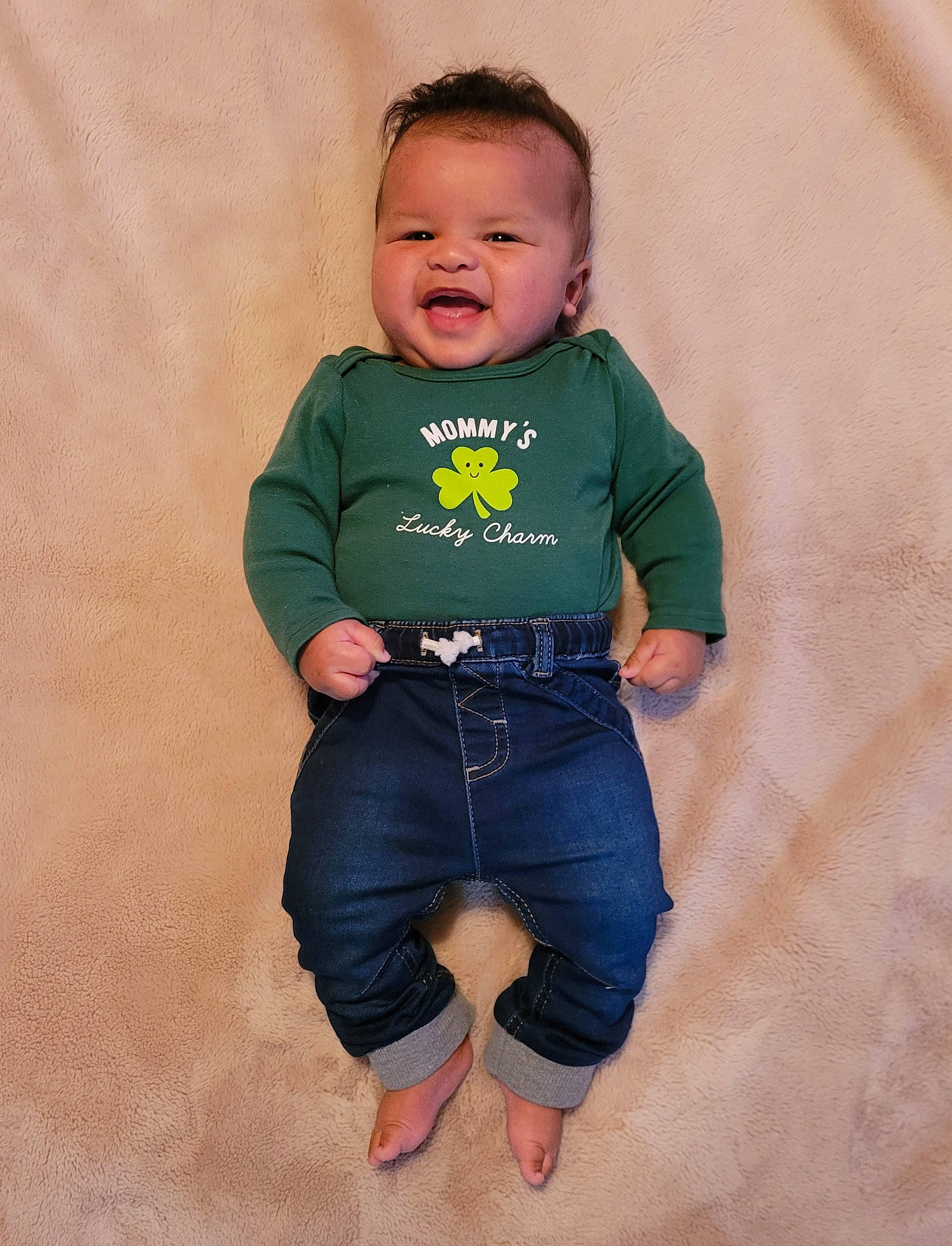 Kash joined the competition — help win amazing prizes! abdomen, baby, baby_toddler_clothing, denim, electric_blue, fun, happy, head, human_body, jeans, pattern, person, pocket, sleeve, smile, sportswear, stomach, t_shirt, toddler, top